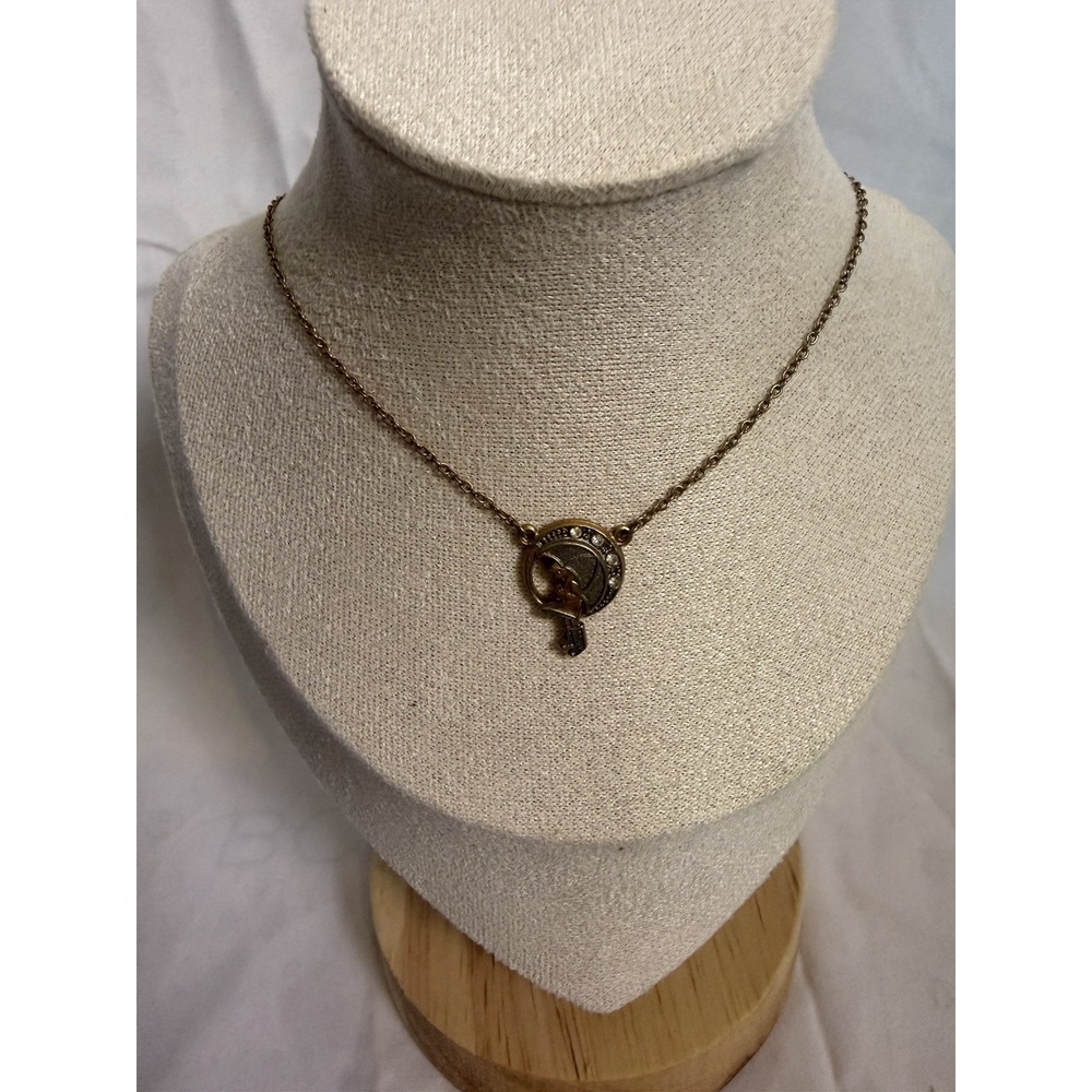 1970s Vintage Morton Salt Girl Umbrella Necklace Gold Tone with Crystals 1928